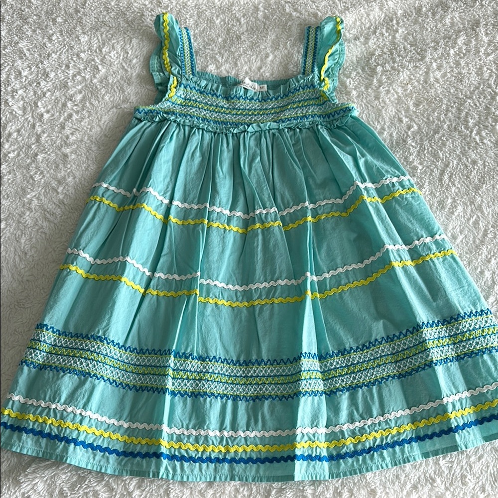 Mini Boden girls size 8-9 blue sleeveless dress embroidery ricrac trim summer